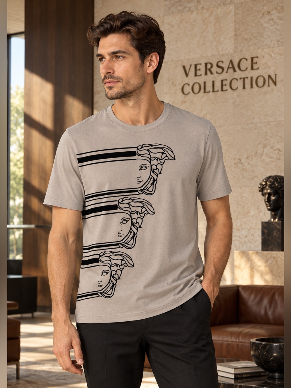 Versace Collection Triple Medusa Graphic T-Shirt Men’s M Grey Taupe